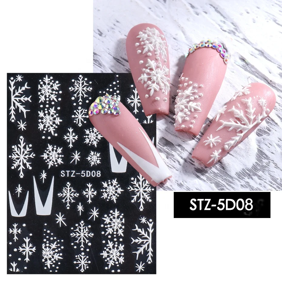 5D White Snowflakes Embossed Sticker Christmas New Year Nail Art Design Winter Charms Flower Manicure Slider Decals STZ5D01-08