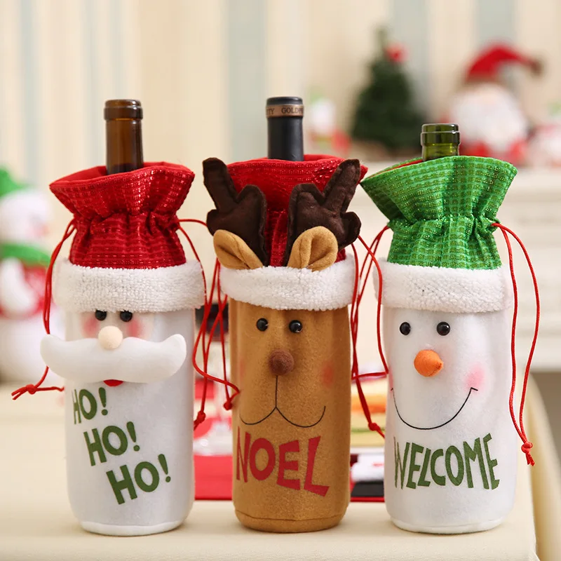 New Design Xmas Snowman Wine Bottle Cover Bags with Drawstring for Christmas Party