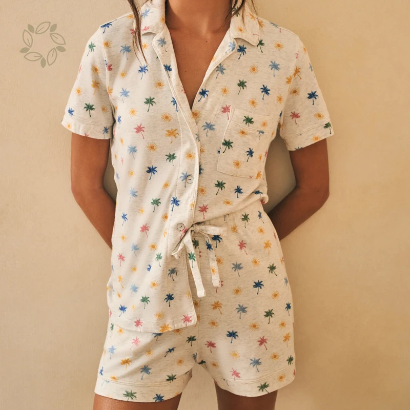Organic bamboo cotton Pajama Short Set with custom print lounge set pyjama set for women ladies cotton pajamas womens sleepwear