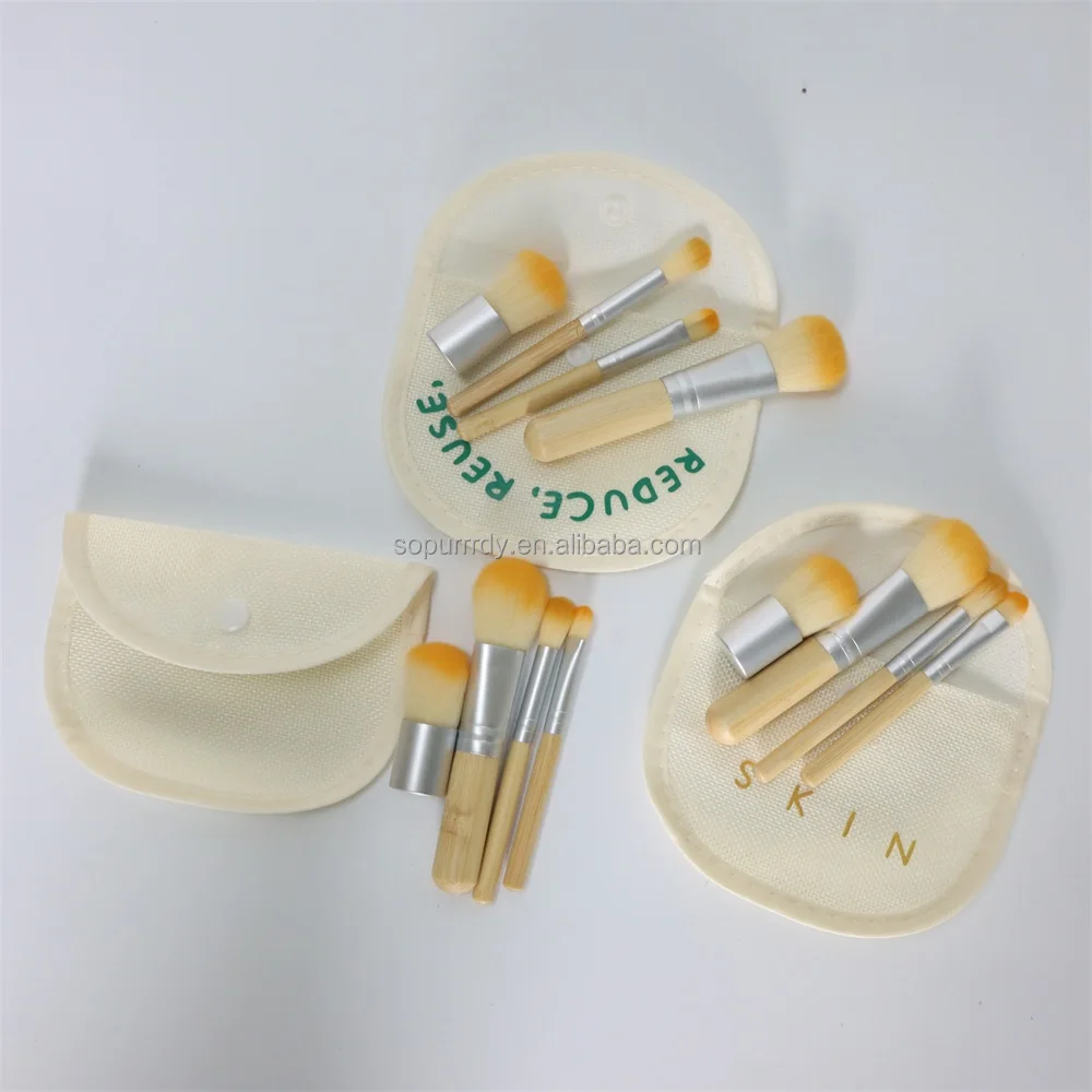 Custom logo Eco Friendly Bamboo Handle Mini Travel Brush 4pcs Makeup Brushes Set For Foundation Blending Brush Makeup With Bag