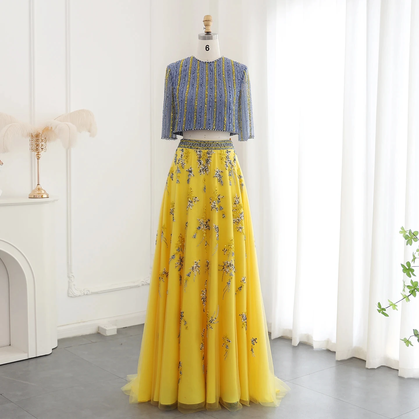 Luxury Dubai Blue Yellow 2 Pieces Evening Dresses for Women Wedding Party Elegant Long Arabic Formal Prom Gown SZ490