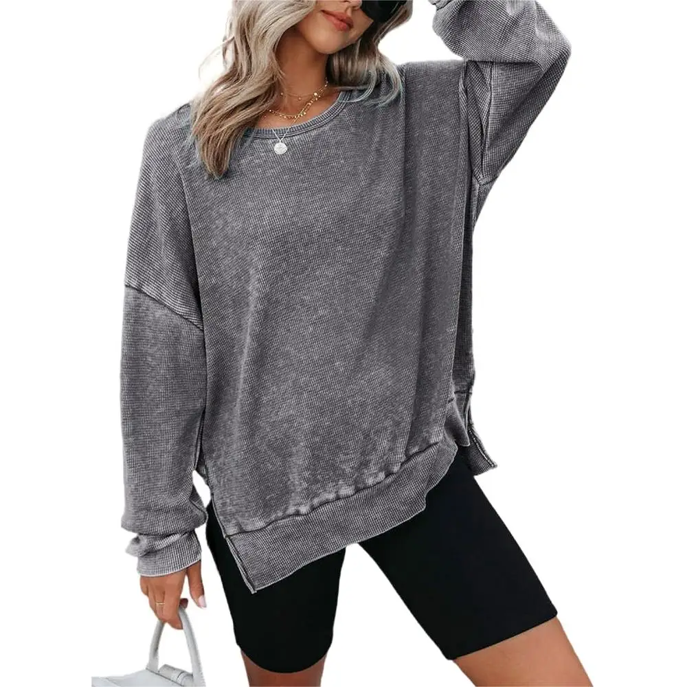Womens Oversized Waffle Knit Crewneck Sweatshirts Long Sleeve Side Slits Casual Pullover Sweatshirt Tops