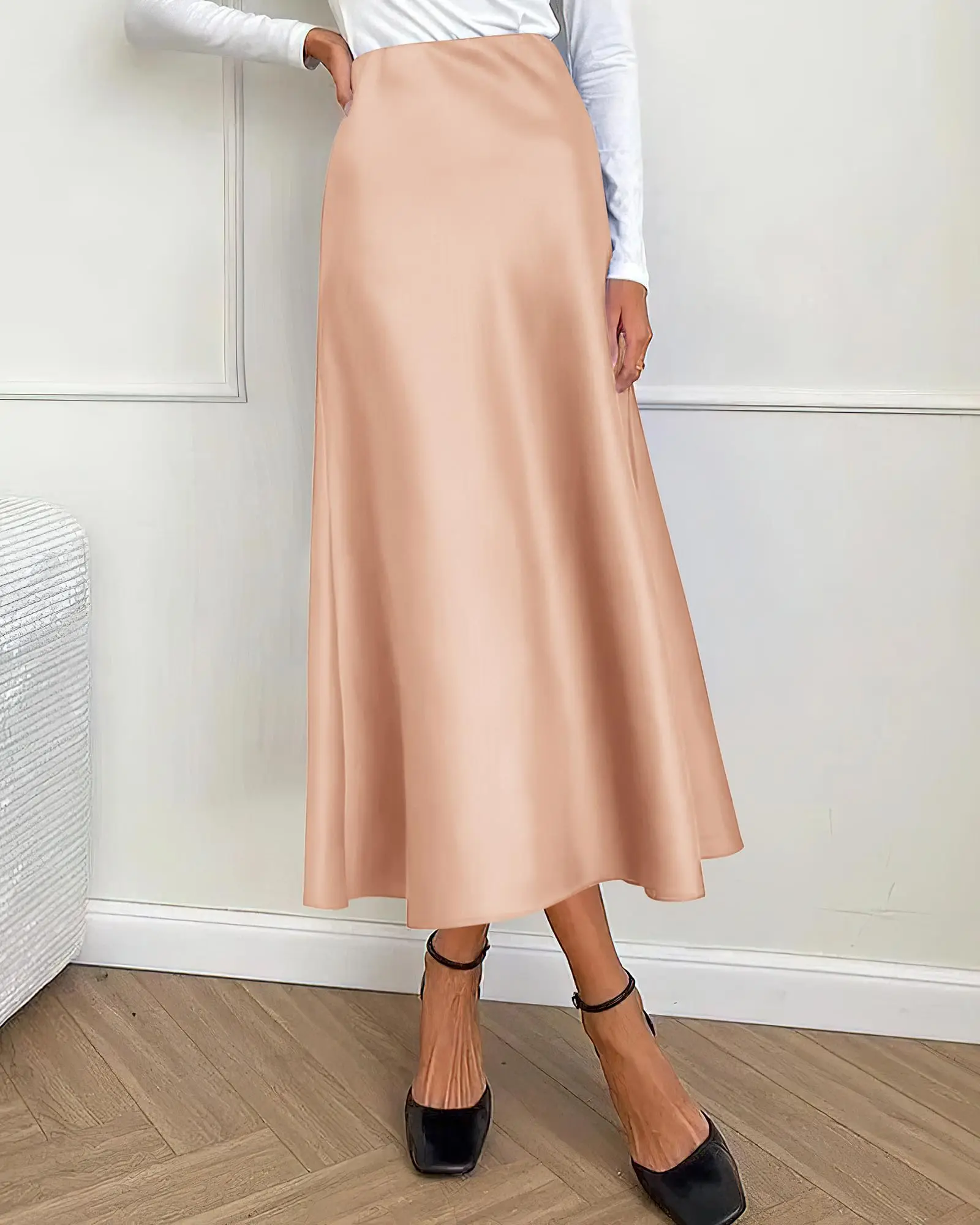 New 2024 Summer women skirts Women Satin Skirt Elastic High Waist Solid Split Midi length Skirt