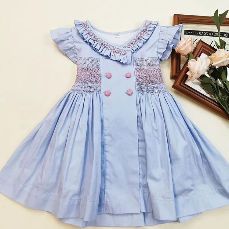 Custom High Quality Handmade Smocked Kids Clothes Ruffle Sleeves Smock Dress For Baby Girl