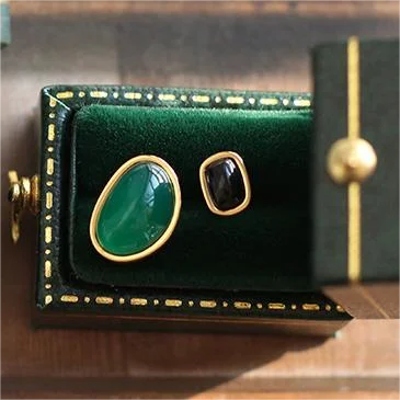 18K Gold Plated Green Chalcedony and Black Stone 316L Stainless Steel Irregular Necklace and Clavicle Chain Set