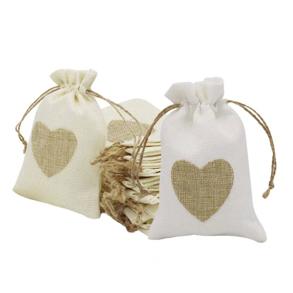 Small mini linen burlap jute Heart Drawstring Pouch Bags for Christmas Wedding