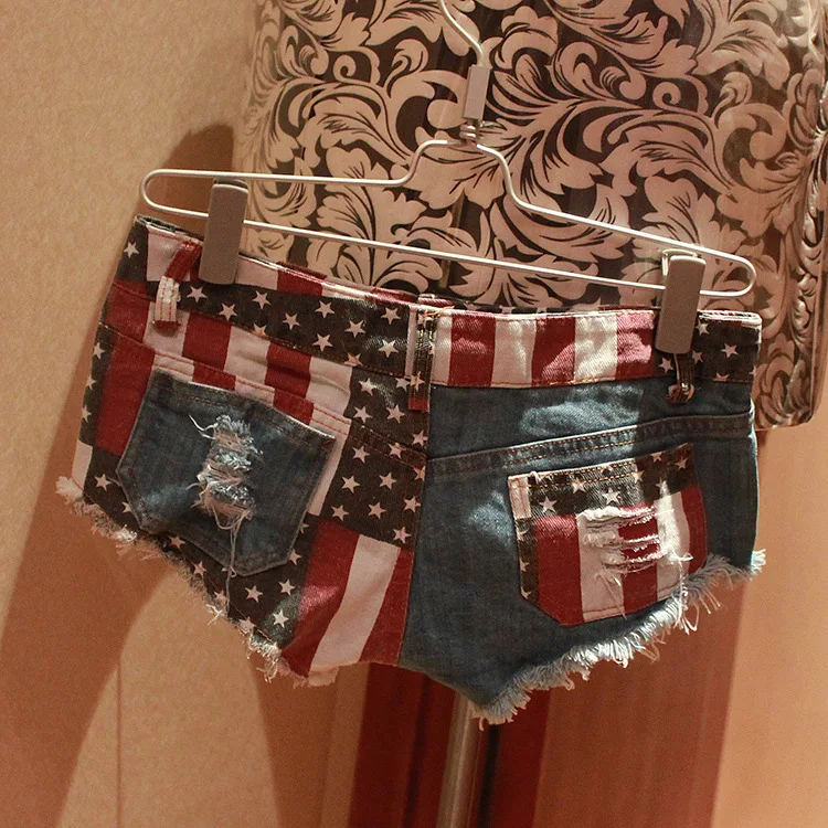 
2019 Wholesale Fashion Summer Low Waist Beach Wear Ripped American Flag Denim Women Sexy Micro Mini Shorts 