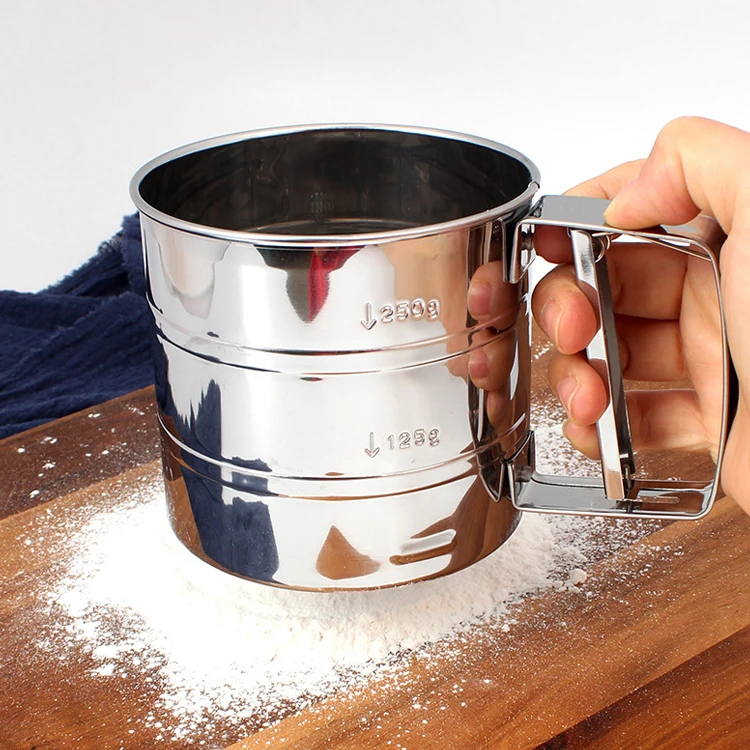 Kitchen Gadget Baking Sieve Strainer Hand-pressed Semi-automatic Cup Flour Sifter Stainless Steel Flour Sieve