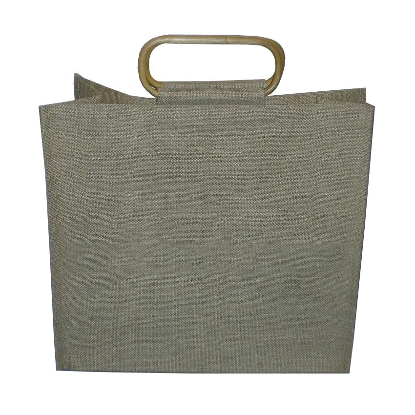 Jute Shopping Tote Bag with Wood Handle Oval Shape Cane Handle Daily Uses Grocery Shopping Marketing