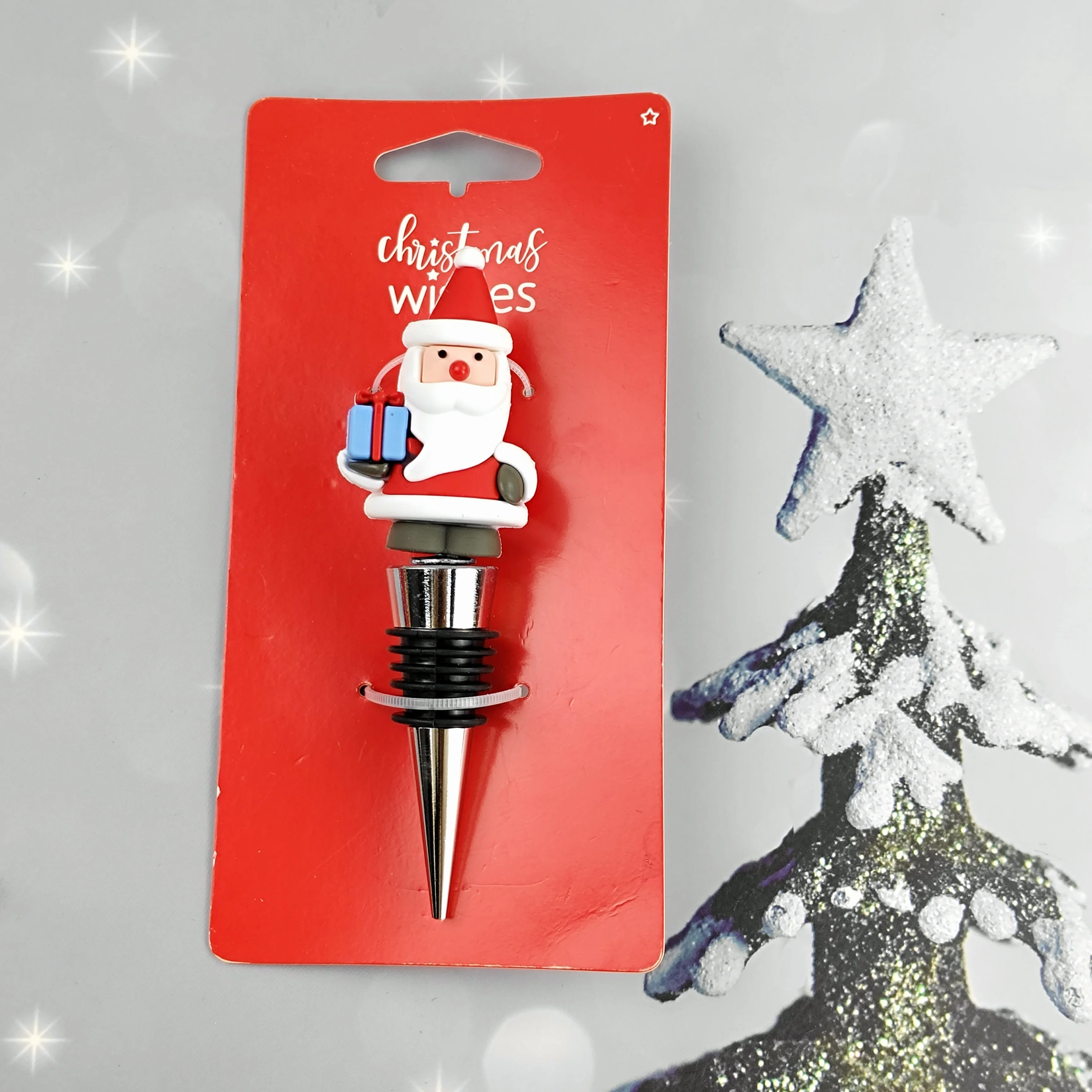 Santa Claus With Blue Gift Box Exquisite Decorative Wine Stopper Corporate Event Christmas Tree Decorated Drink Stopper
