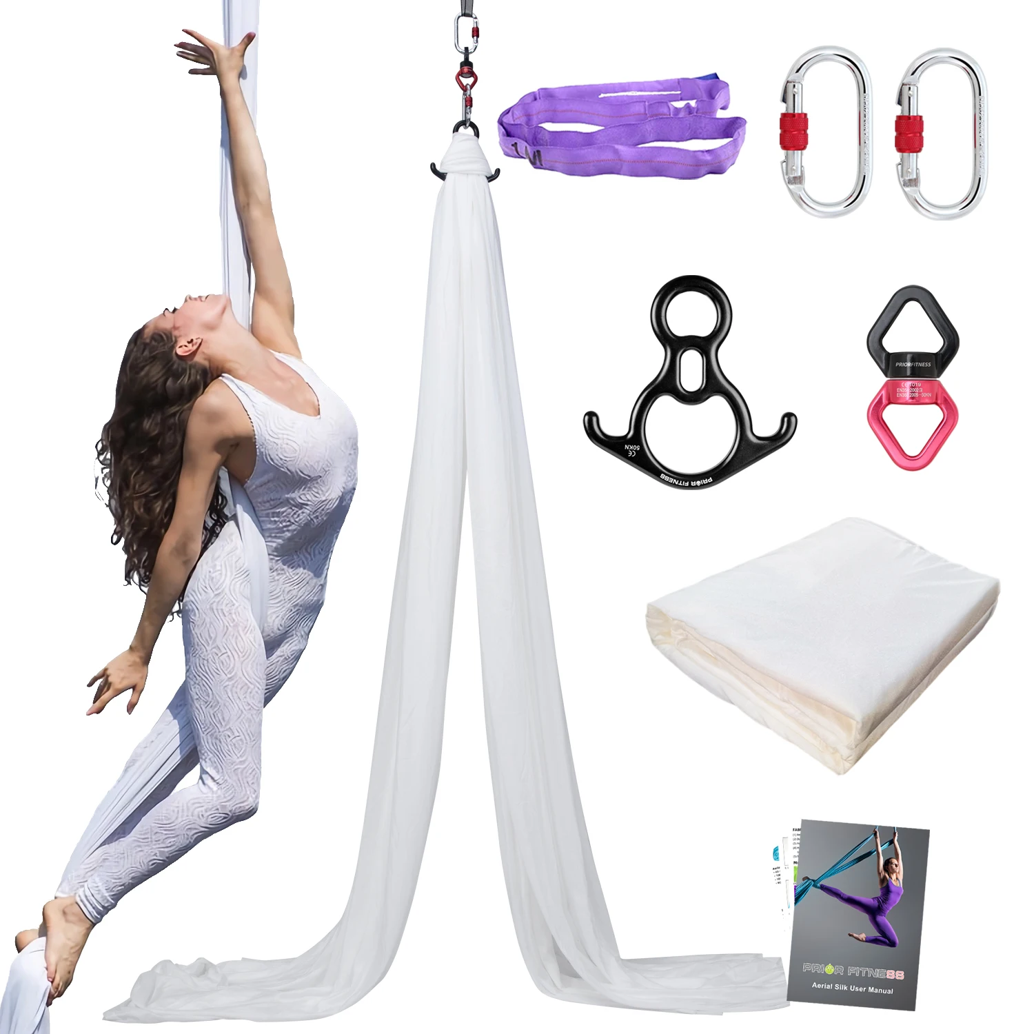 Prior Fitness Premium 100% Aerial Nylon Tricot Silks Aerial Yoga Silk Kit 15 Yards/13.7 M, Full Rigging Hardware