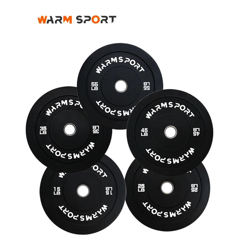 High Quality Custom Logo Gym Weightlifting 10-55 LB Black Rubber Bumper  Weight Plates With Stainless Steel Ring