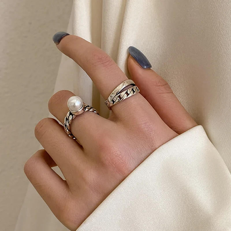 
925 Silver Rings for Women Simple Link Chain Shape Open Cuff Resizable Ring Retro Vintage Jewelry 
