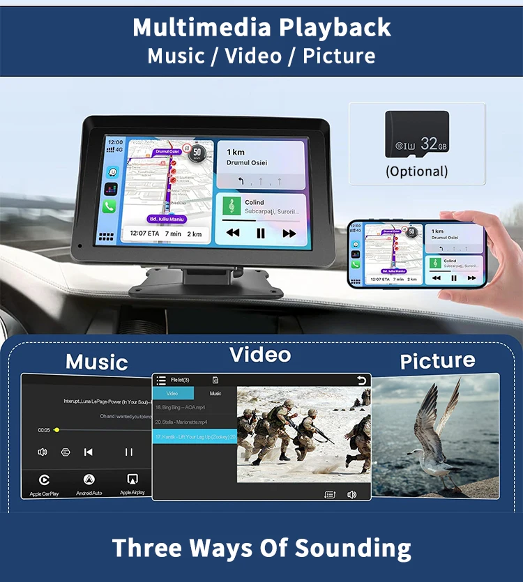 SUNWAYI Wireless Carplay 7 Inch Screen Touch Android Auto Carplay Connect Multimedia Receiver Screen Stereo Car Monitor