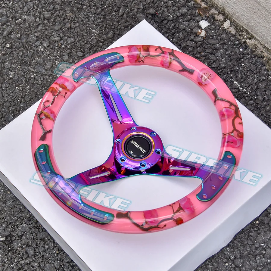 Pink Plum Flower Clear Acrylic Racing Sport Steering Wheel with Neo Chrome Spokes