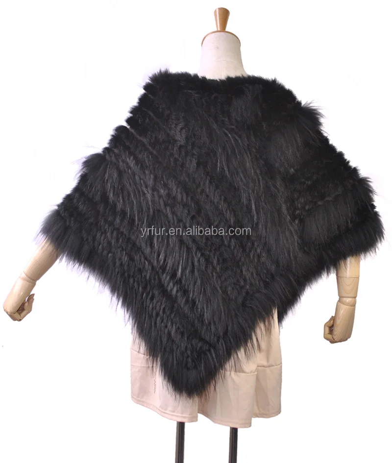YR813 Genuine Hand knitted Triangle Real Rabbit and Raccoon Fur Poncho for Women High Quality