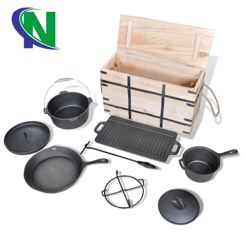 Cast Iron Camping Dutch Oven Set 7 pcs Griddle  Lid Lifter for Outdoor cooking