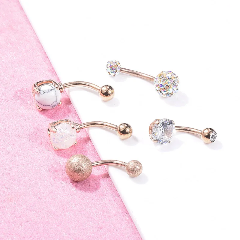 5pcs set Women Sexy Body Jewelry Rose Gold Silver Opal Turquoise Belly Button Ring Medical Steel Zircon Navel Rings Piercing