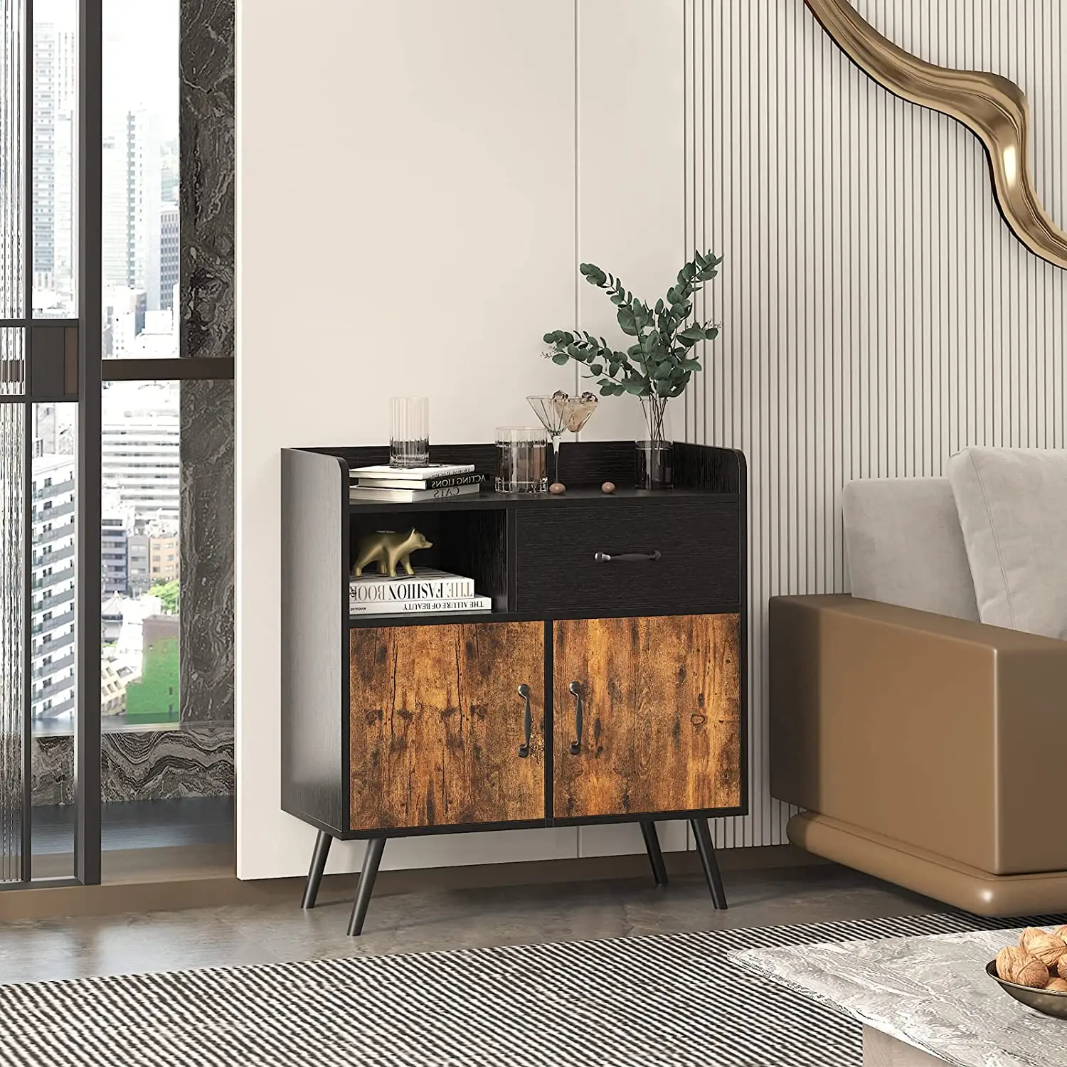 Free Standing Sideboard  Bedroom Storage Cabinet with 1 Drawer 2 Doors 1 Open Shelves