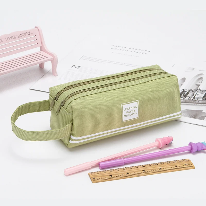 Gelory New Simple Solid Color Striped Double-Layer Pencil Case Pencil Case Student Creative Large Capacity Portable Pencil Case