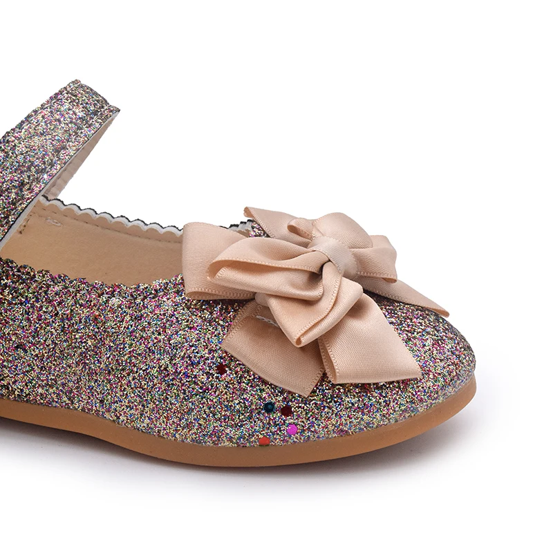 New design import children school shoe bow tie girl flat daily shoes ballerina velcro design stylish girls party shoes with heel