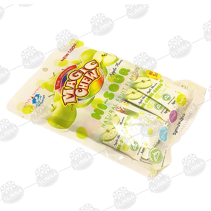 New taste fruit flavor sour chew candy fruit soft candy bag package halal magic chew gummy candy