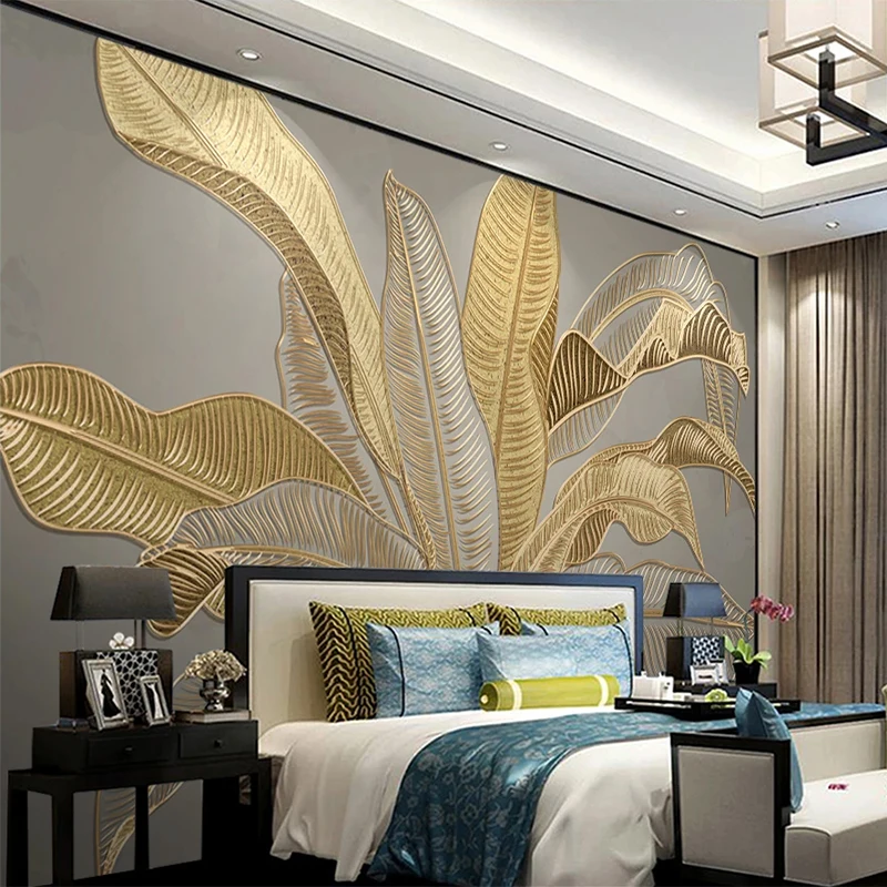 KOMNNI Custom Photo Wallpaper 3D Stereo Golden Relief Banana Leaf Mural Living Room TV Sofa Study Abstract 3D Frescoor Fresco