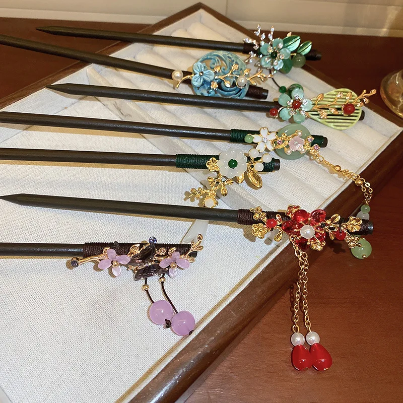 Jiamu New Chinese Style Hair Stick Elegant Flower Butterfly Tasseling Wood Hair Stick For Women Girls Minority Hair Accessories