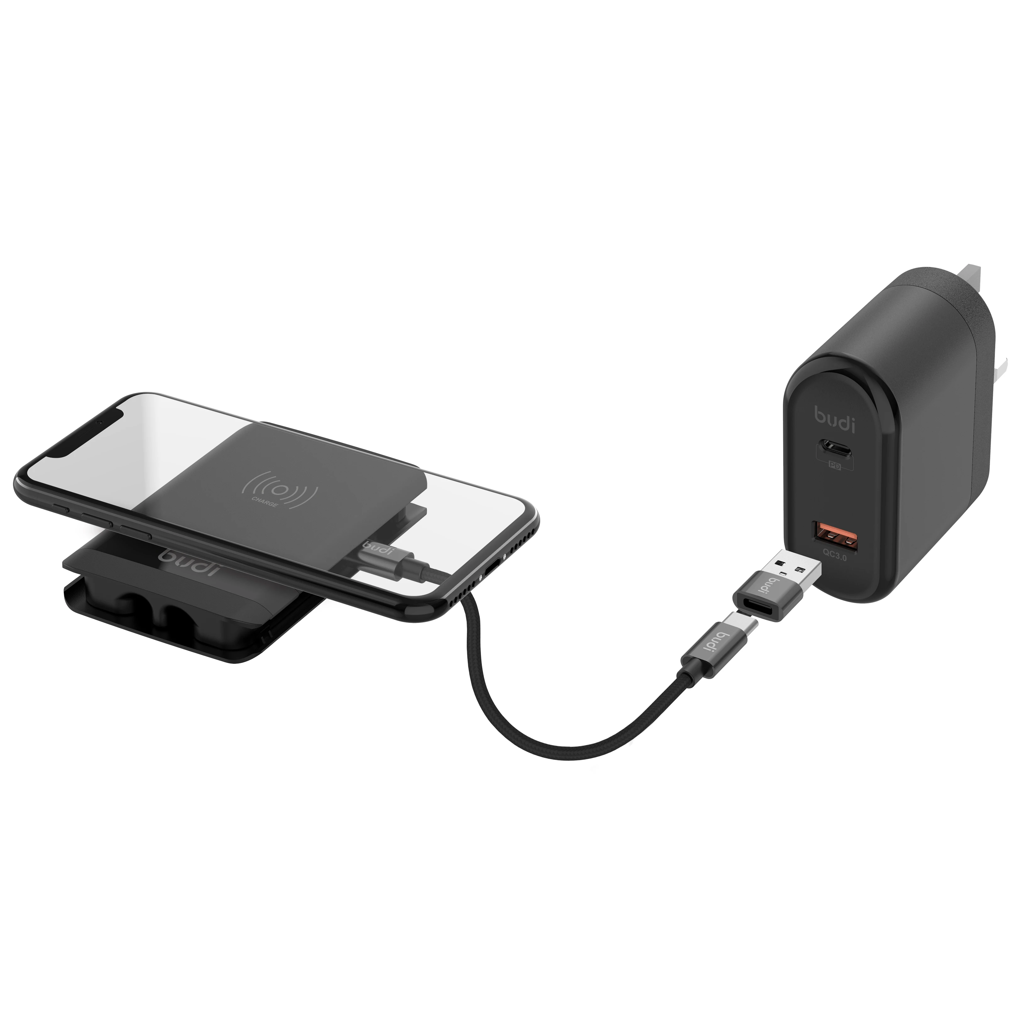 
budi Portable Multi-Function Data Cable Storage Bag with 1 Built-in Card Reader and 2 Memory Card Slots Wireless Charger 5W 