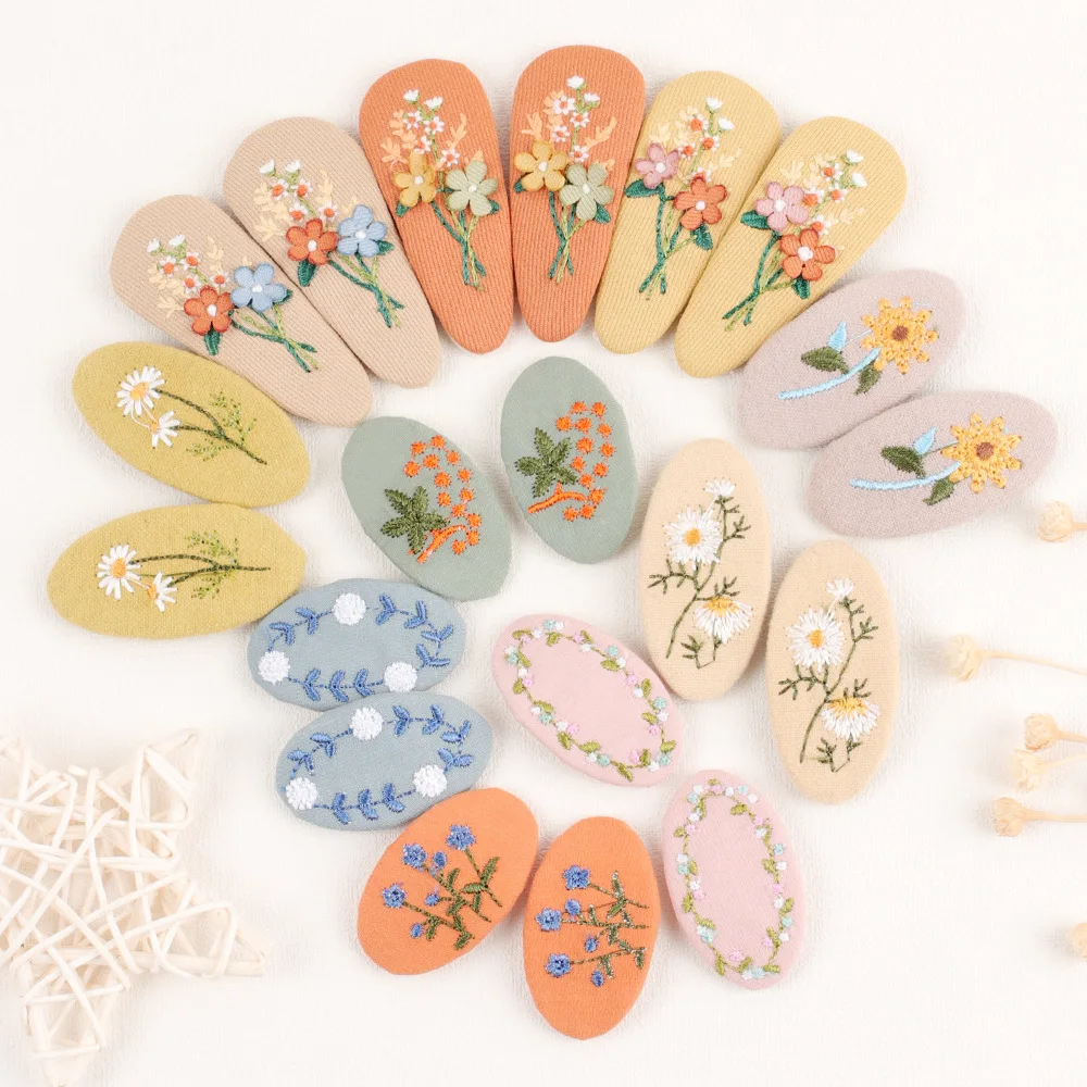 2Pcs Spring Hair Clips Sweet Girls Floral Fabric Oval BB Barrettes Cute Embroidery Flower Hairpin Kids Hair Accessories Set