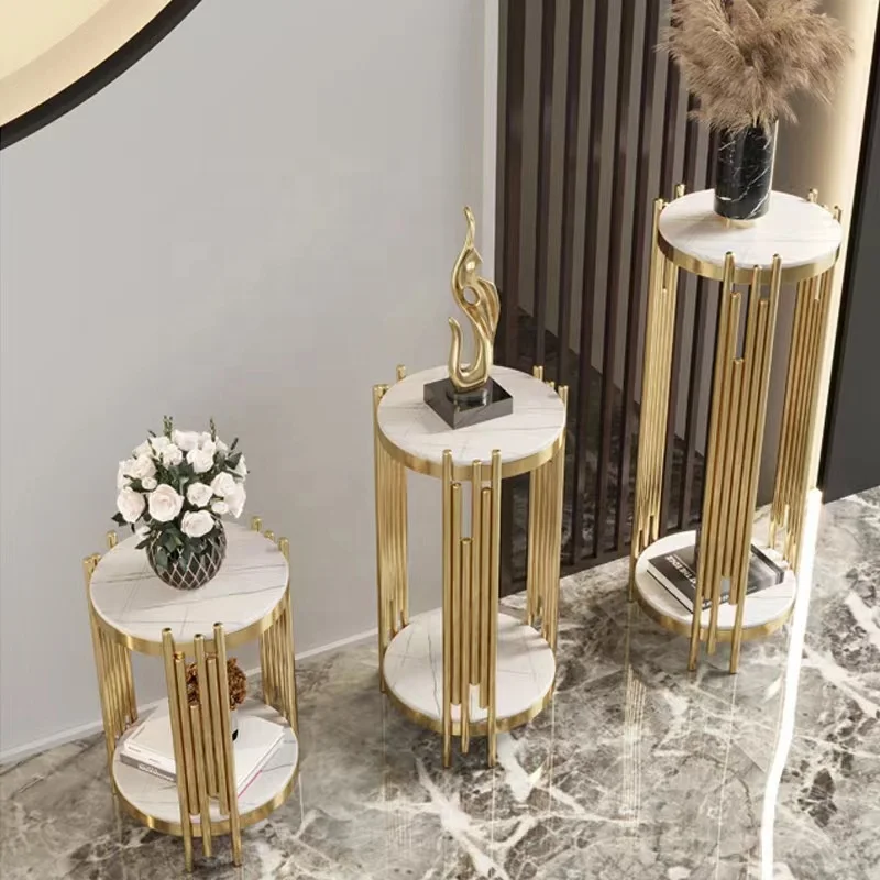 Hotel Modern Banquet Furniture Marble Top Gold Stainless Steel Round Wedding Cake Table Set for Events Flower Stand Side Table