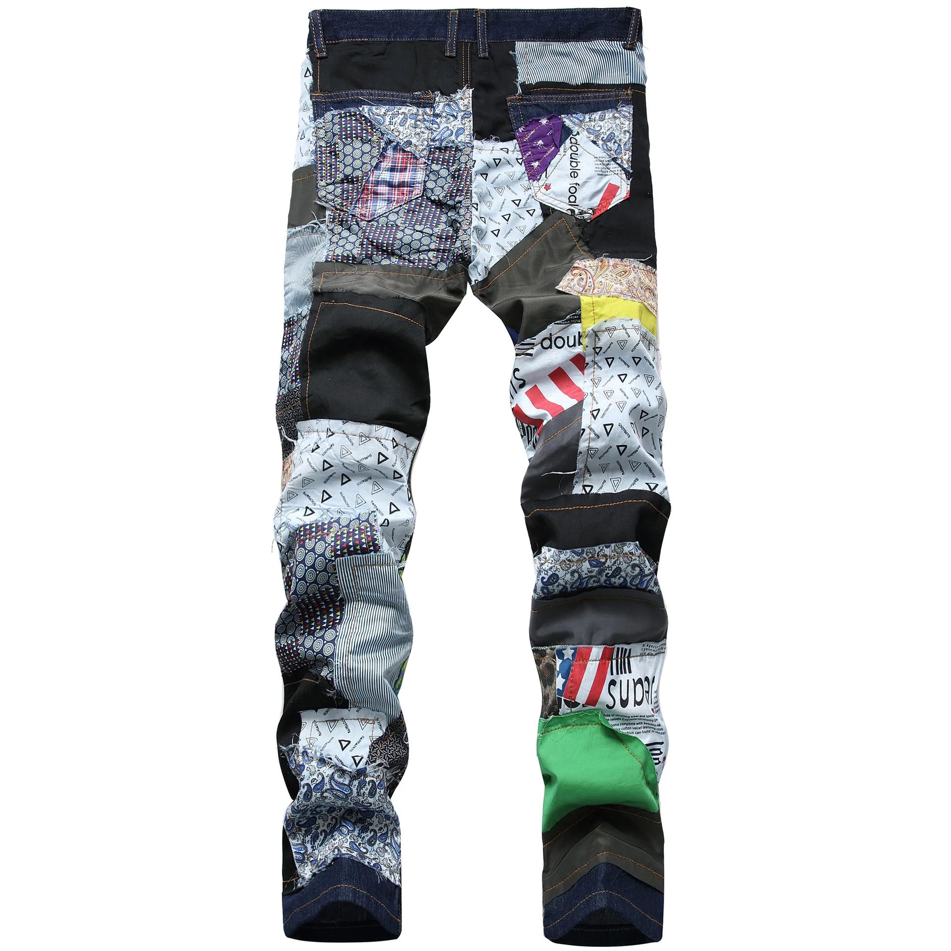 Designers Latest Stylish Colored Patches Denin Dark Blue Base Straight Leg Patchwork Skinny Seluar Men Fashion Jeans