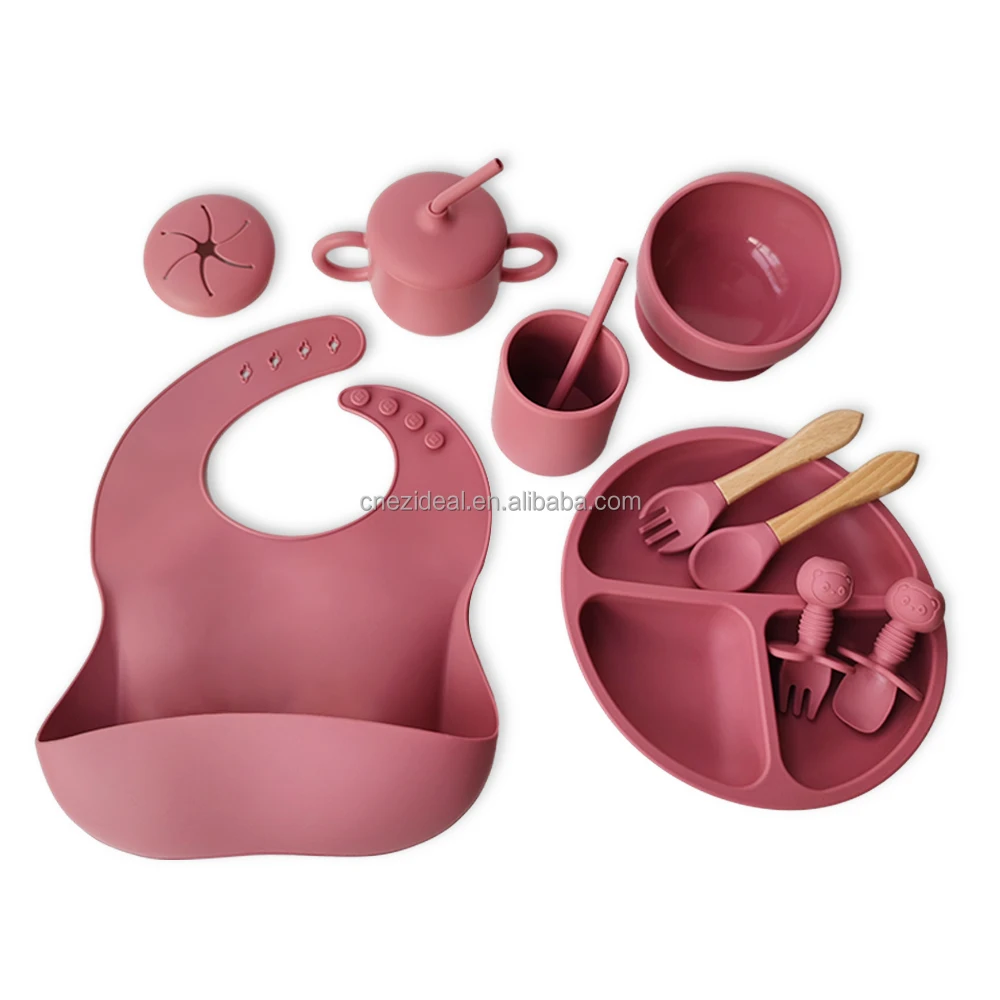11 pcs Set Baby Food Grade Silicone Feeding Set Beige 2 in 1 Sippy Cup Straw Bottle Strong Scuker Plate Snack Pot Cutlery Set