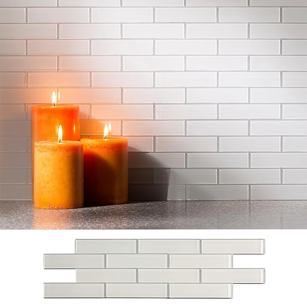 Glass stick tiles subway Tile Peel and Stick Backsplash for Kitchen Polished 12in x 4in Stickers Large Wall Tiles Bathroom