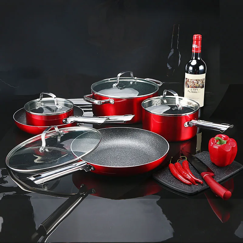 9pcs Red Luxury German Home Ceramic Granite Non-stick Aluminum Cookware Sets Kitchen