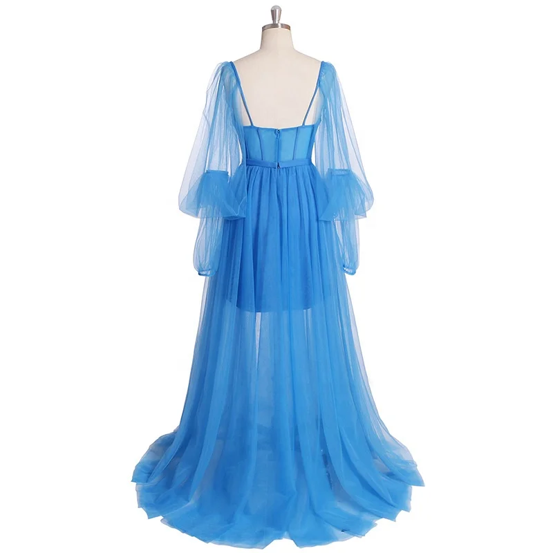 OEM Wholesale Blue Puffy Sleeve Corset Prom Dresses Women Sweetheart Tulle Ball Gown Slit Formal Evening Gown Princess Dress