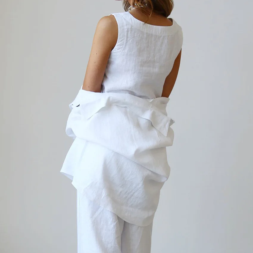 NR403 wholesale ladies women 100% cotton clothing top and pant 3 piece loungewear set linen lounge wear