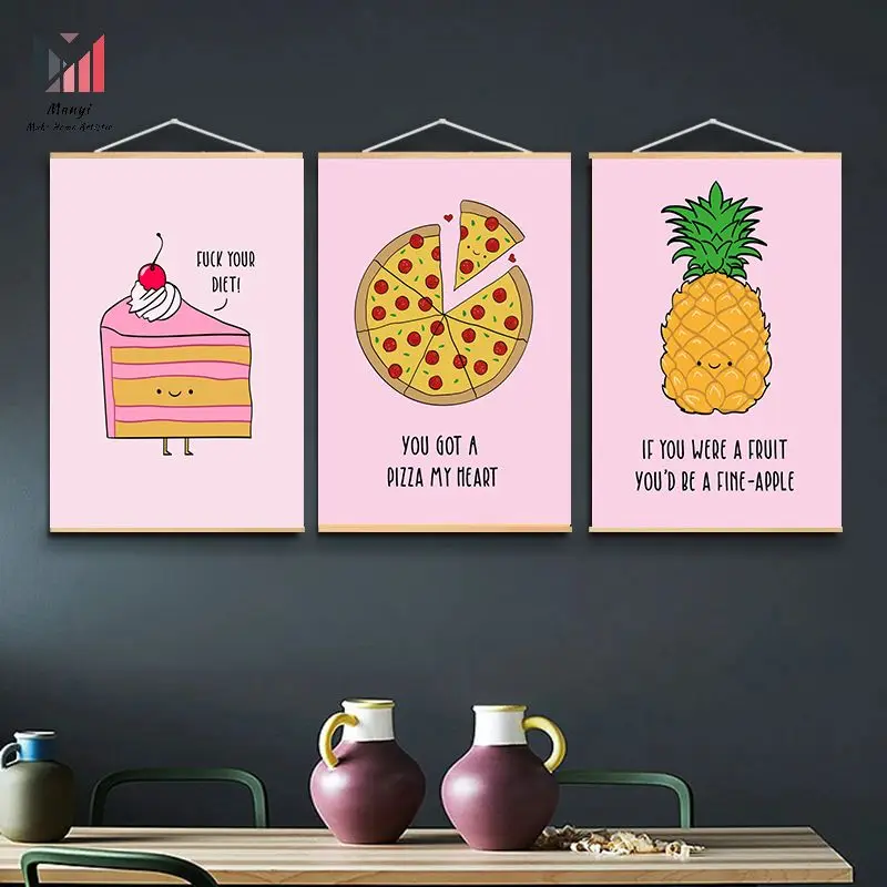 Fruit and Pizza Food Cartoon Minimalist Poster and Wall Art Cut Funny Quotes Canvas painting For Restaurant And Home RoomDecor