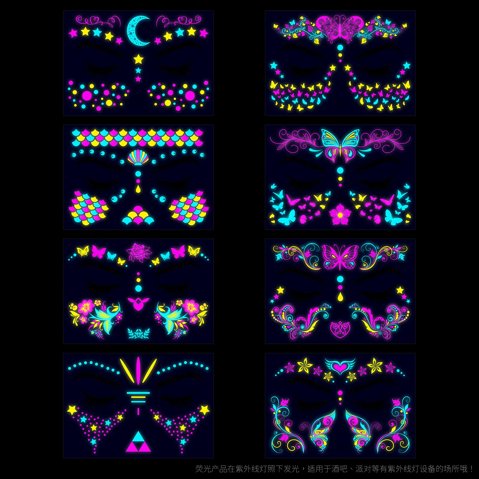 Butterfly Fluorescent Face Body Tattoo Stickers Waterproof Temporary Halloween DiA De Muertos Luminous Stickers