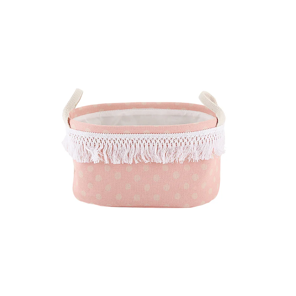 Wholesale Canvas EVA ribbon tassel pink dot Fabric Cotton storage basket