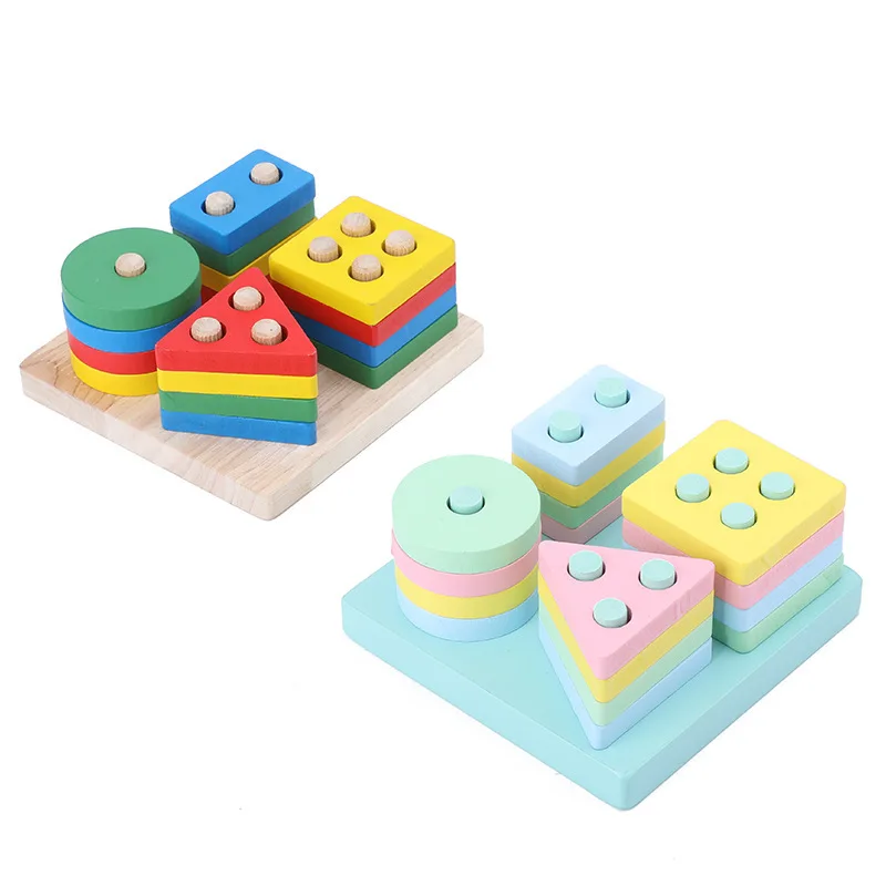 Colorful Wooden Puzzles Board Geometric Shape Stacker Education Toys Kids DIY Wooden Blocks Column Toy Gift
