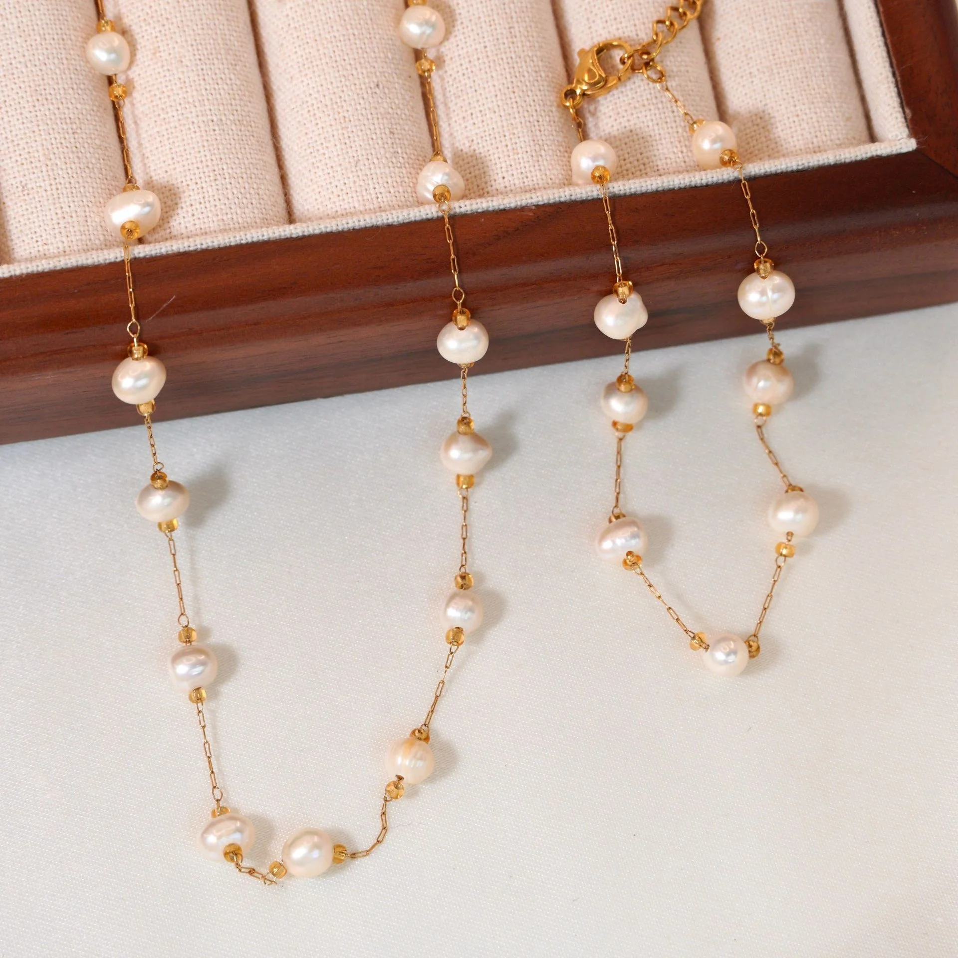 Tarnish Free 18K gold stainless steel chain natural fresh water pearl beads necklace & bracelet pearl jewelry set