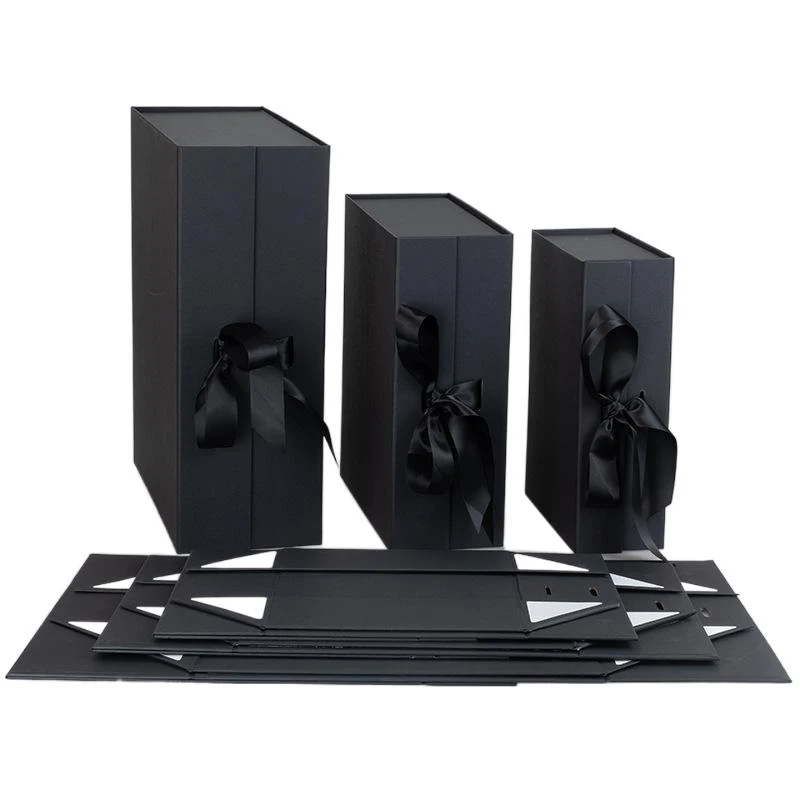 Custom personal logo magnetic black box ready to ship large black luxury gift boxes for gift sets with ribbon