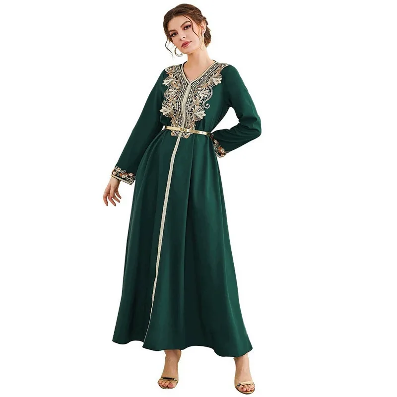 Hot selling 2023 chiffon Eid beaded belt fashion middle east chiffon abaya long muslim chiffon dress