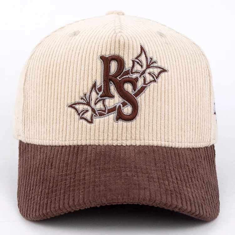 Qianzun color block vintage corduroy hat custom embroidery 5 panel a frame baseball cap with corduroy fabric