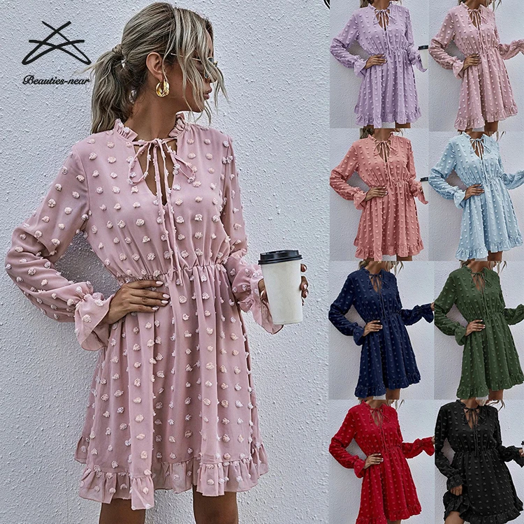 2021 Spring Polka Dot Dresses Womens Elegant Stylish Elegant Ruffles Women Dress Long Sleeve Ladies Chiffon Dress