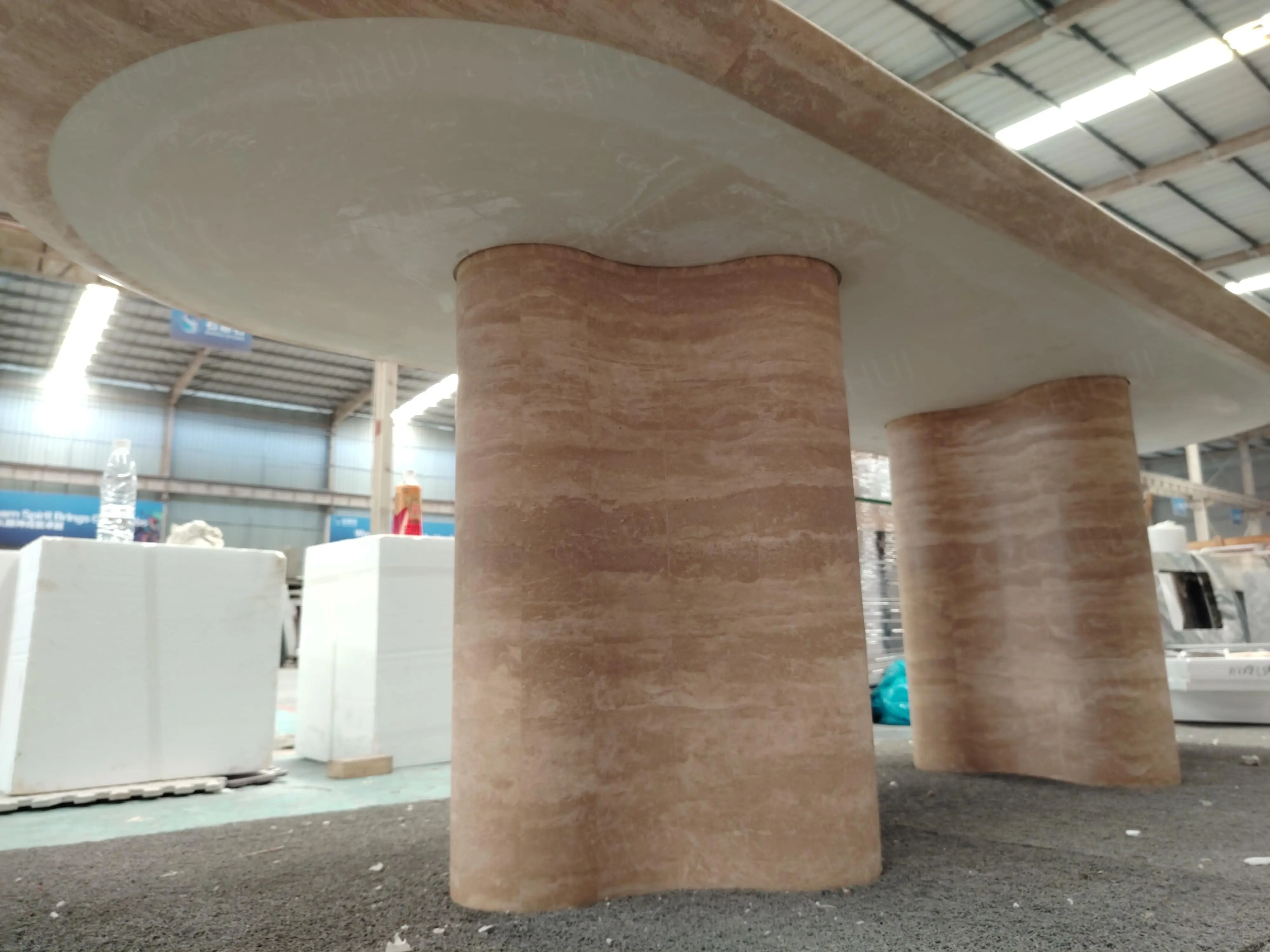 SHIHUI Customized Design Oval Furniture Natural Stone Beige Travertine Large Marble Dining Tables Luxury