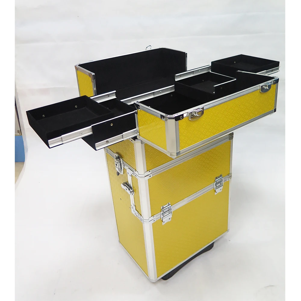 Professional Pull Rod Type Multi-layer Large Black Makeup Cosmetic Trolley Case With Wheels