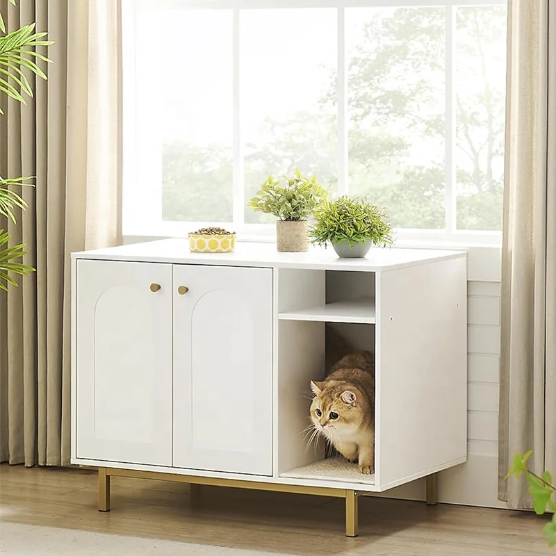 Multi-functional Furniture  Hidden Cat Litter Box Cabinet White Cat Washroom
