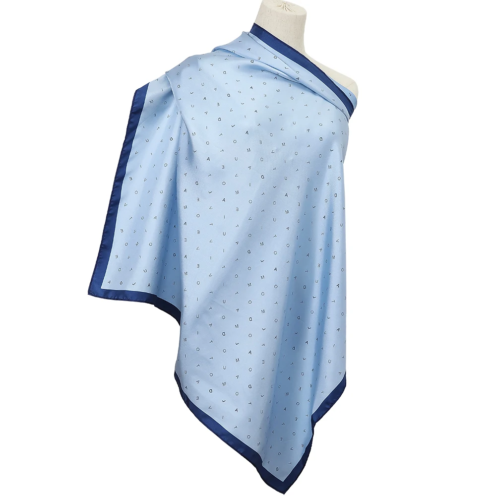 100% Mulberry Silk Screen Printed Square Scarf 35' Alphabet Letters Design Collection Female Sky Blue/Navy Edge Scarf Foulard